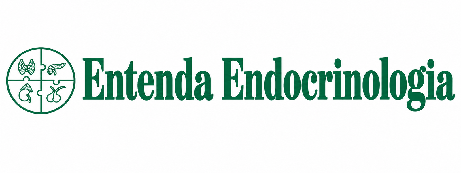 Logotipo em tom verde-escuro sobre fundo branco contendo a inscrição "Entenda Endocrinologia". À esquerda, há um símbolo circular dividido em quatro partes como peças de quebra-cabeça, exibindo ilustrações da tireoide, pâncreas, rins com glândulas suprarrenais e gônadas.