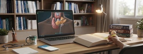 Mesa de estudos de medicina com notebook aberto mostrando modelo anatômico tridimensional da tireoide e do pâncreas, acompanhado de livro aberto, caneca personalizada do Entenda Endocrinologia e estante de livros ao fundo.