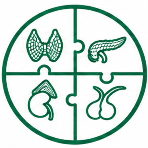 Símbolo circular em tom verde-escuro sobre fundo branco dividido em quatro partes interligadas como peças de quebra-cabeça, contendo ilustrações da tireoide, pâncreas, rim com glândula suprarrenal e gônadas.